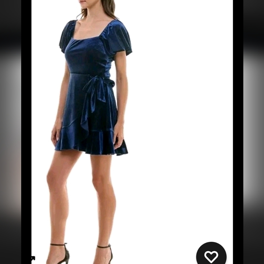 Trixxi Juniors' Puff-Sleeve Faux-Wrap Velvet Dress Sz XL Women Blue Holiday